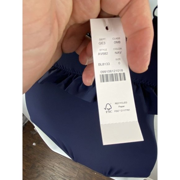 J. Crew $118 Long Torso Ruffle Deep-V One-Piece Swimsuit Size 0 AV682 Navy Blue - Picture 2 of 7